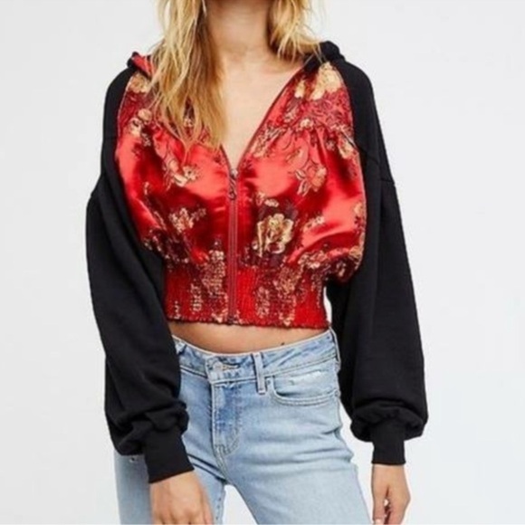 Free People Gabbie Zip Up Hoodie Red Black Sz small - Picture 1 of 14